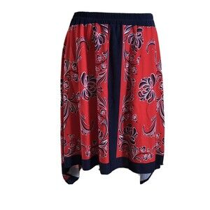 New Travel Elements Floral Asymmetrical Midi Skirt Size 2X Red Navy Blue